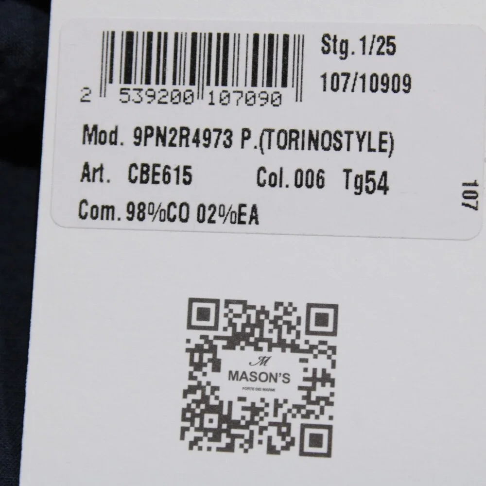 Mason's NWT Chinos / Casual Pants Size 54 (US 38) Torino in Blue Cotton Blend